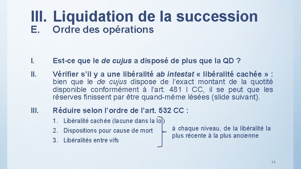 III. Liquidation de la succession E. Ordre des opérations I. Est-ce que le de