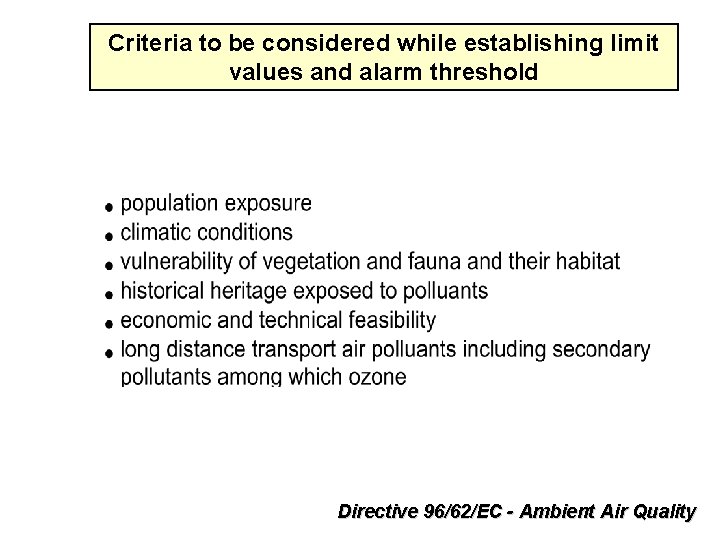 Criteria to be considered while establishing limit values and alarm threshold Directive 96/62/EC -