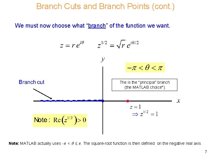 Branch Cuts and Branch Points (cont. ) We must now choose what “branch” of