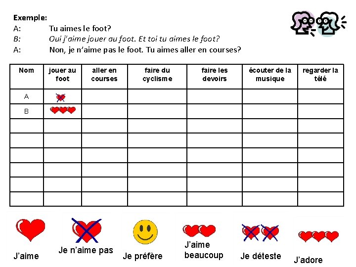 Exemple: A: Tu aimes le foot? B: Oui j’aime jouer au foot. Et toi
