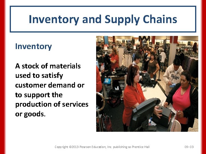 Inventory and Supply Chains Inventory A stock of materials used to satisfy customer demand