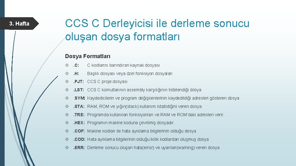 3. Hafta CCS C Derleyicisi ile derleme sonucu oluşan dosya formatları Dosya Formatları .