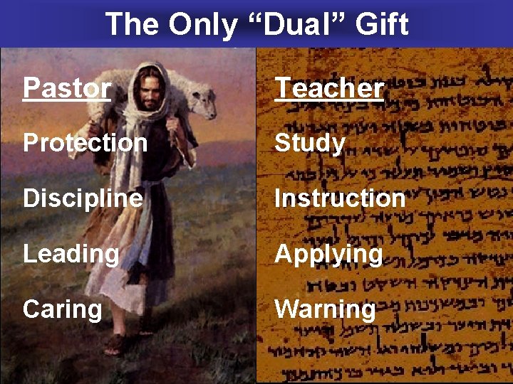 The Only “Dual” Gift Pastor Teacher Protection Study Discipline Instruction Leading Applying Caring Warning
