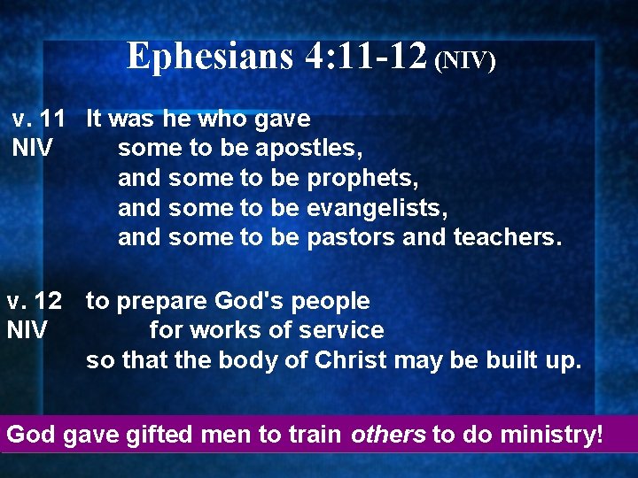 Ephesians 4: 11 -12 (NIV) v. 11 It was he who gave NIV some