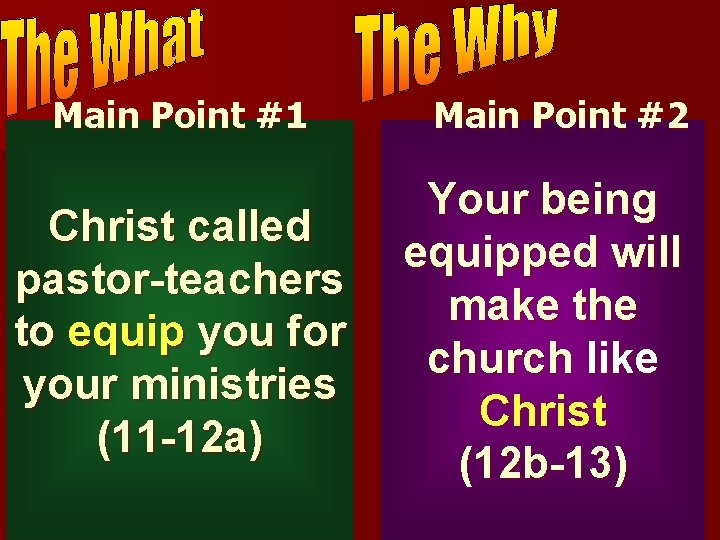 Main Point #1 Christ called pastor-teachers to equip you for your ministries (11 -12