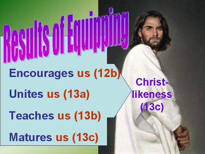 Encourages us (12 b) Unites us (13 a) Teaches us (13 b) Matures us