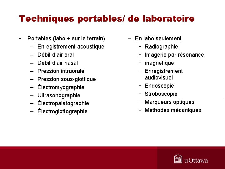 Techniques portables/ de laboratoire • Portables (labo + sur le terrain) – Enregistrement acoustique