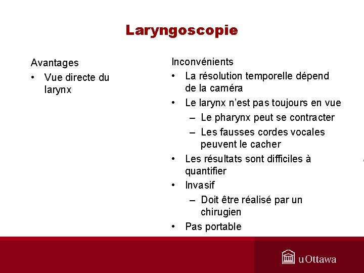 Laryngoscopie Avantages • Vue directe du larynx Inconvénients • La résolution temporelle dépend de