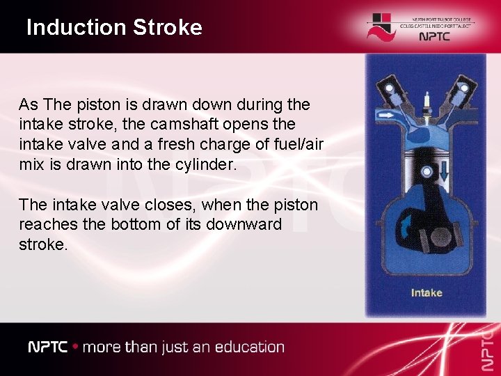 Induction Stroke As The piston is drawn down during the intake stroke, the camshaft