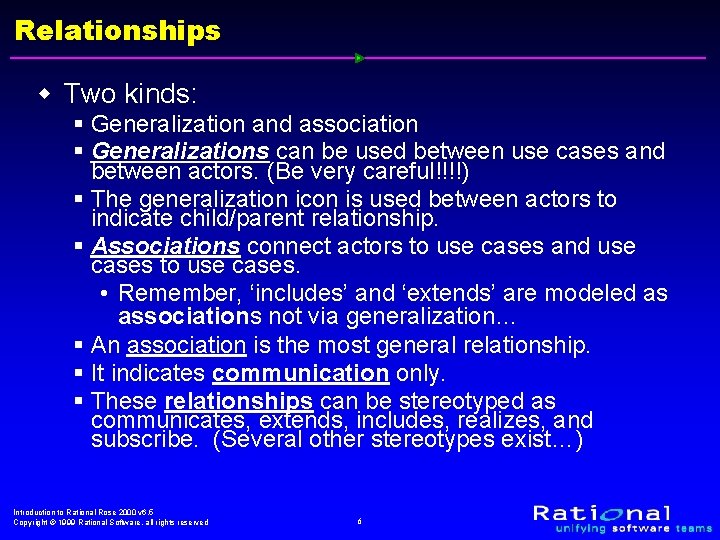 Relationships w Two kinds: § Generalization and association § Generalizations can be used between Relationships w Two kinds: § Generalization and association § Generalizations can be used between