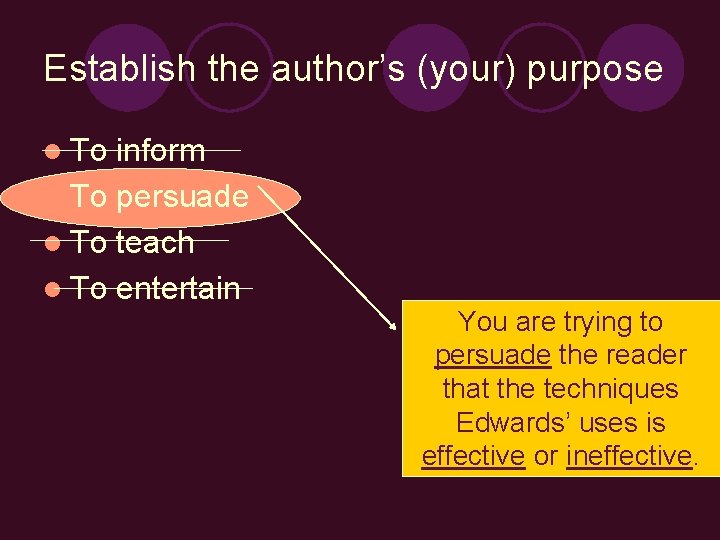 Establish the author’s (your) purpose l To inform l To persuade l To teach