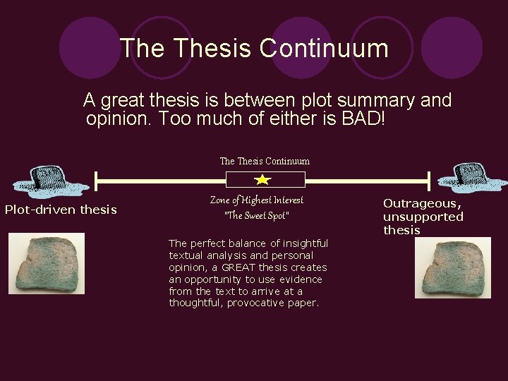The Thesis Continuum A great thesis is between plot summary and opinion. Too much
