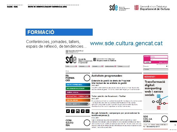 DGCEC - ICEC SERVEI DE DESENVOLUPAMENT EMPRESARIAL (SDE) FORMACIÓ Conferències, jornades, tallers, espais de