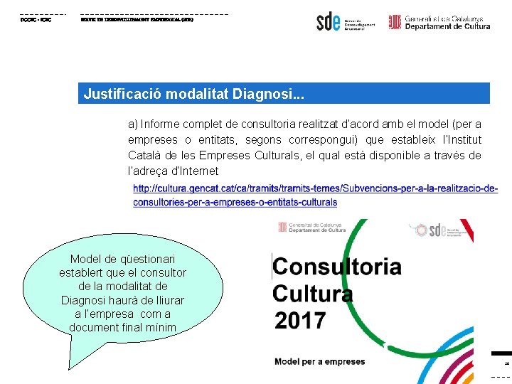 DGCEC - ICEC SERVEI DE DESENVOLUPAMENT EMPRESARIAL (SDE) Justificació modalitat Diagnosi. . . a)