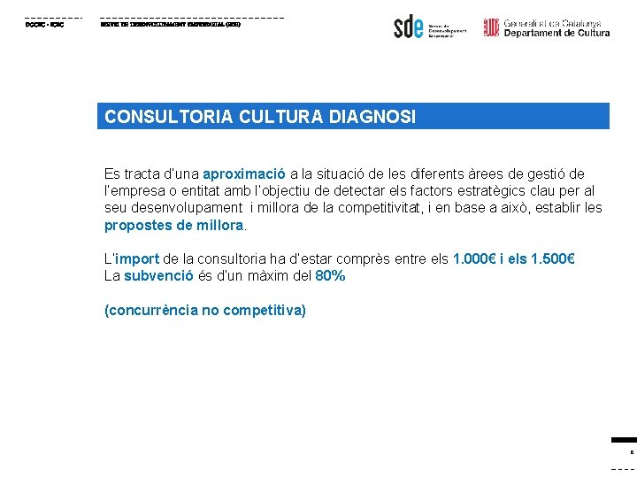 DGCEC - ICEC SERVEI DE DESENVOLUPAMENT EMPRESARIAL (SDE) CONSULTORIA CULTURA DIAGNOSI Es tracta d’una