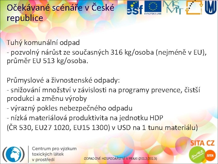 Očekávané scénáře v České republice Tuhý komunální odpad - pozvolný nárůst ze současných 316