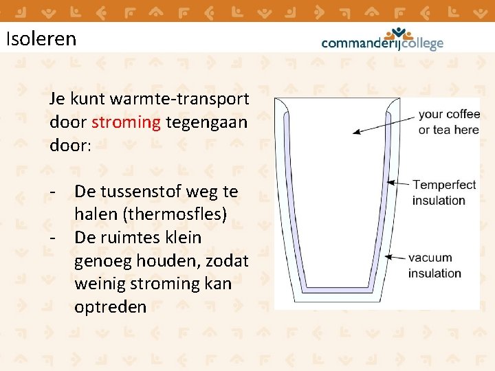 Isoleren Je kunt warmte-transport door stroming tegengaan door: - De tussenstof weg te halen Isoleren Je kunt warmte-transport door stroming tegengaan door: - De tussenstof weg te halen