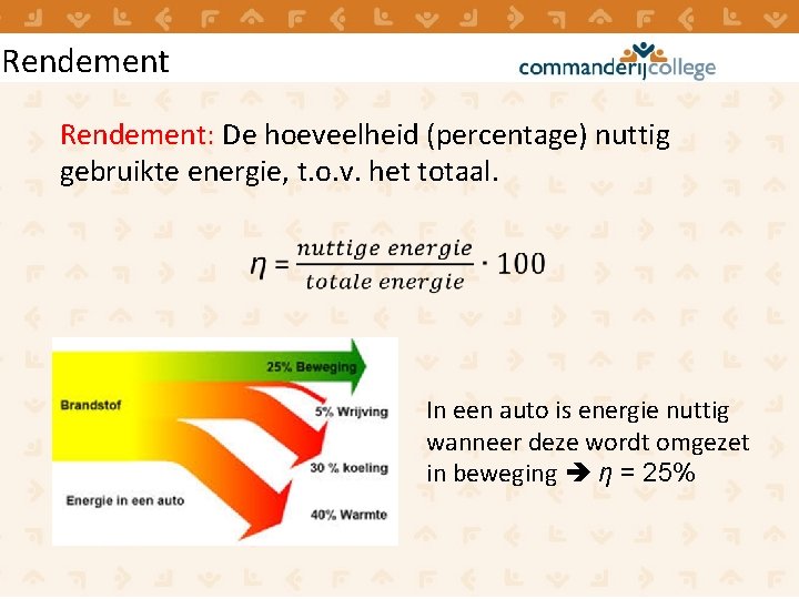 Rendement: De hoeveelheid (percentage) nuttig gebruikte energie, t. o. v. het totaal. In een Rendement: De hoeveelheid (percentage) nuttig gebruikte energie, t. o. v. het totaal. In een