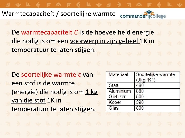 Warmtecapaciteit / soortelijke warmte De warmtecapaciteit C is de hoeveelheid energie die nodig is Warmtecapaciteit / soortelijke warmte De warmtecapaciteit C is de hoeveelheid energie die nodig is