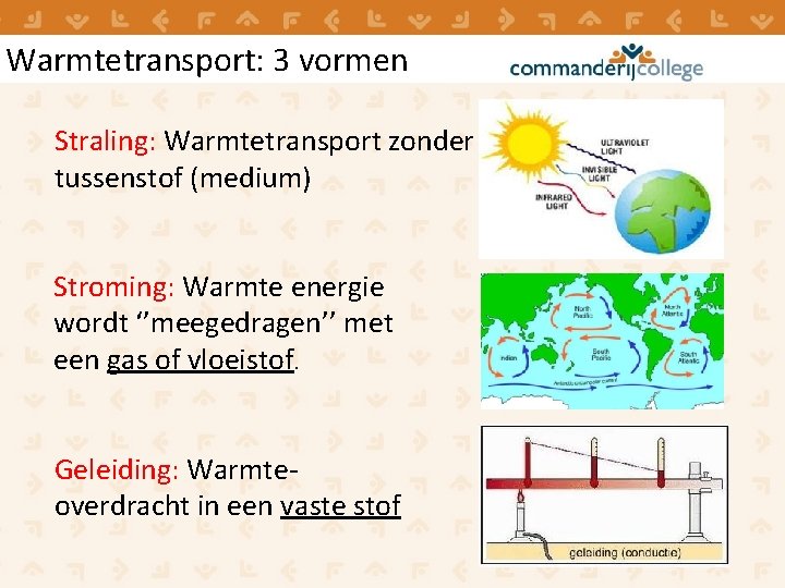 Warmtetransport: 3 vormen Straling: Warmtetransport zonder tussenstof (medium) Stroming: Warmte energie wordt ‘’meegedragen’’ met Warmtetransport: 3 vormen Straling: Warmtetransport zonder tussenstof (medium) Stroming: Warmte energie wordt ‘’meegedragen’’ met