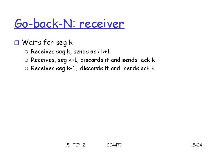 Go-back-N: receiver r Waits for seg k m Receives seg k, sends ack k+1