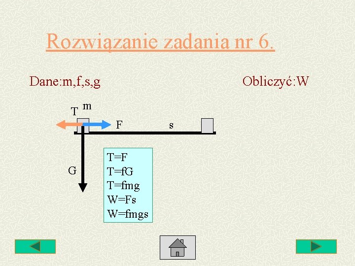 Rozwiązanie zadania nr 6. Dane: m, f, s, g Obliczyć: W Tm F G Rozwiązanie zadania nr 6. Dane: m, f, s, g Obliczyć: W Tm F G