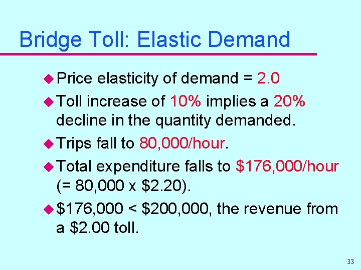 Bridge Toll: Elastic Demand u Price elasticity of demand = 2. 0 u Toll