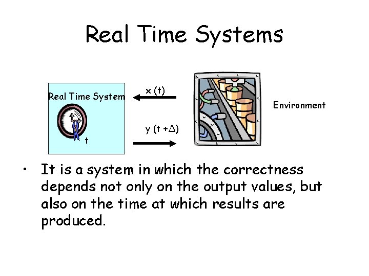 Real Time Systems Real Time System t x (t) Environment y (t +Δ) • Real Time Systems Real Time System t x (t) Environment y (t +Δ) •