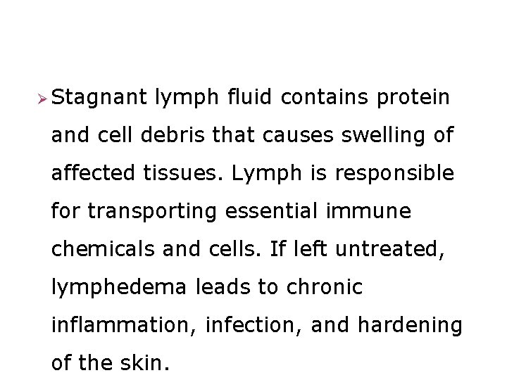 Ø Stagnant lymph fluid contains protein and cell debris that causes swelling of affected