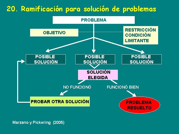 20. Ramificación para solución de problemas PROBLEMA RESTRICCIÓN CONDICIÓN LIMITANTE OBJETIVO POSIBLE SOLUCIÓN ELEGIDA