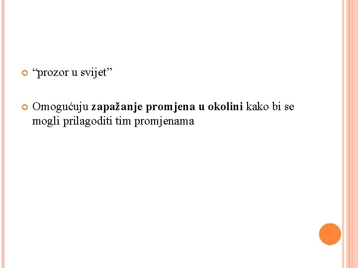  “prozor u svijet” Omogućuju zapažanje promjena u okolini kako bi se mogli prilagoditi