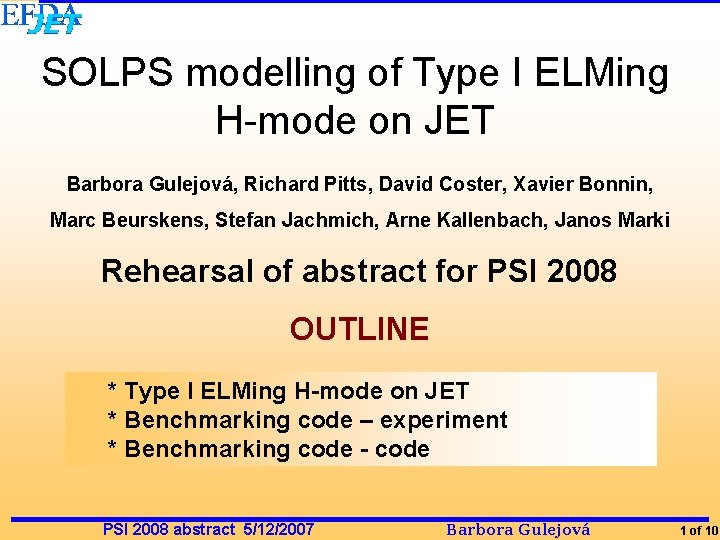 Solps Code SOLPS modelling of Type I ELMing Hmode on