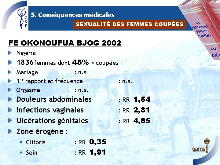 5. Conséquences médicales SEXUALITÉ DES FEMMES COUPÉES FE OKONOUFUA BJOG 2002 Nigeria 1836 femmes