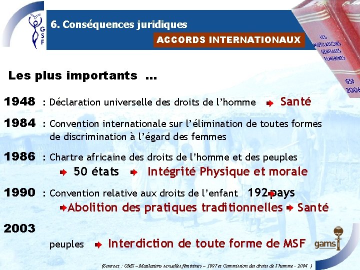 6. Conséquences juridiques ACCORDS INTERNATIONAUX Les plus importants … 1948 : Déclaration universelle des