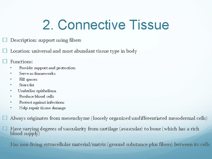 2. Connective Tissue � Description: support using fibers � Location: universal and most abundant