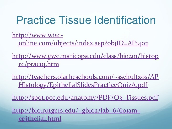 Practice Tissue Identification http: //www. wisconline. com/objects/index. asp? obj. ID=AP 1402 http: //www. gwc.