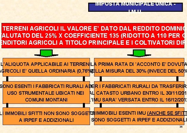 IMPOSTA MUNICIPALE UNICA I. M. U. I TERRENI AGRICOLI IL VALORE E’ DATO DAL