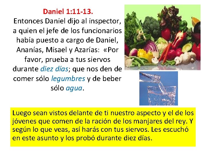 Daniel 1: 11 -13. Entonces Daniel dijo al inspector, a quien el jefe de