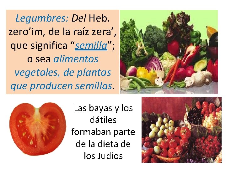 Legumbres: Del Heb. zero’im, de la raíz zera’, que significa “semilla”; o sea alimentos