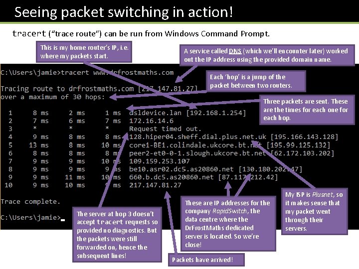  Seeing packet switching in action! tracert (“trace route”) can be run from Windows