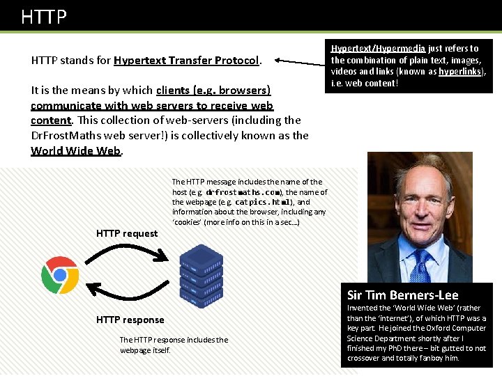  HTTP stands for Hypertext Transfer Protocol. It is the means by which clients