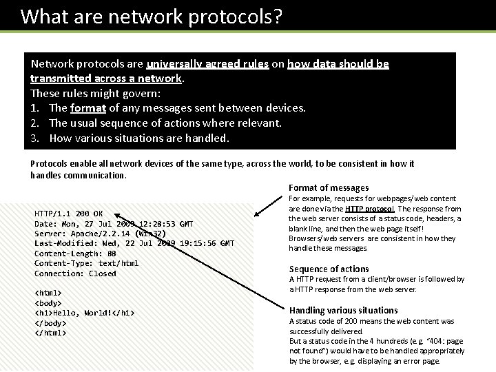  What are network protocols? Network protocols are universally agreed rules on how data