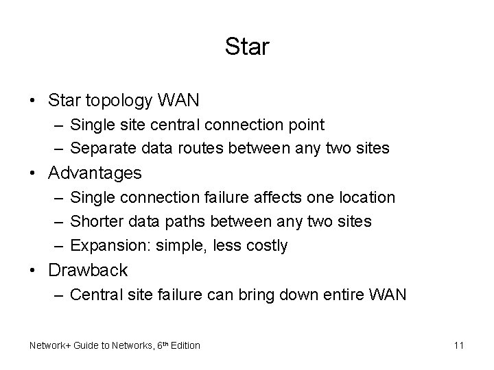Star • Star topology WAN – Single site central connection point – Separate data