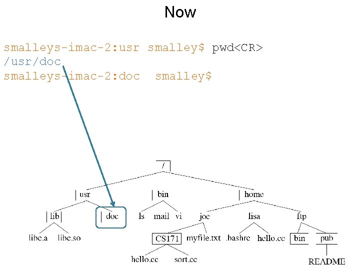 Now smalleys-imac-2: usr smalley$ pwd<CR> /usr/doc smalleys-imac-2: doc smalley$ 