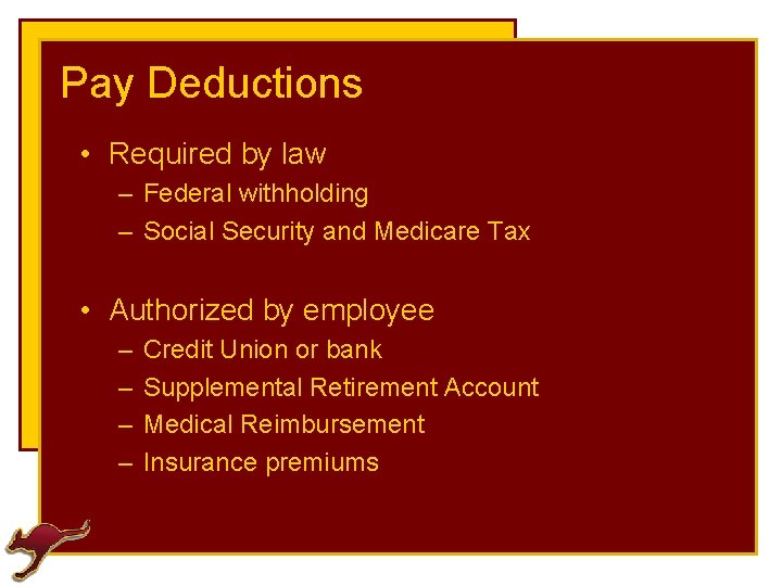 Pay Deductions • Required by law – Federal withholding – Social Security and Medicare