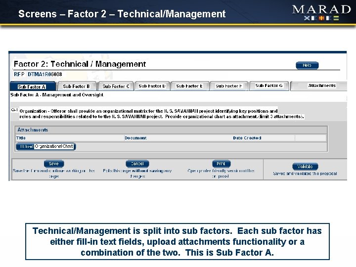 Screens – Factor 2 – Technical/Management is split into sub factors. Each sub factor