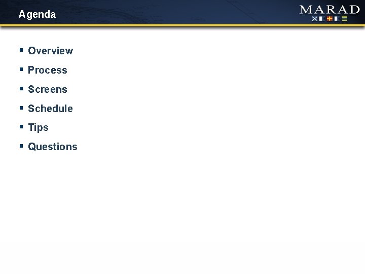 Agenda § Overview § Process § Screens § Schedule § Tips § Questions 