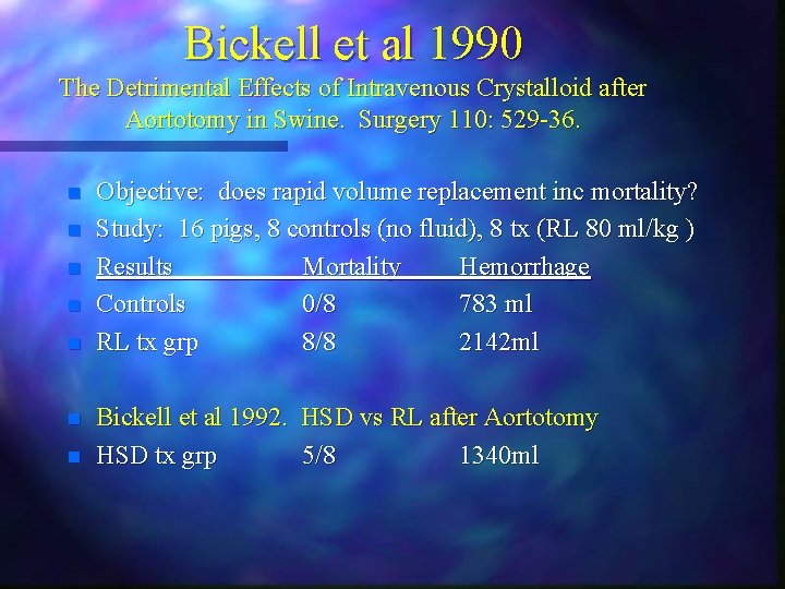 Bickell et al 1990 The Detrimental Effects of Intravenous Crystalloid after Aortotomy in Swine. Bickell et al 1990 The Detrimental Effects of Intravenous Crystalloid after Aortotomy in Swine.