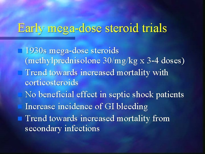 Early mega-dose steroid trials 1930 s mega-dose steroids (methylprednisolone 30/mg/kg x 3 -4 doses) Early mega-dose steroid trials 1930 s mega-dose steroids (methylprednisolone 30/mg/kg x 3 -4 doses)