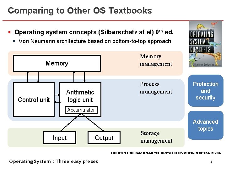 Comparing to Other OS Textbooks § Operating system concepts (Silberschatz at el) 9 th